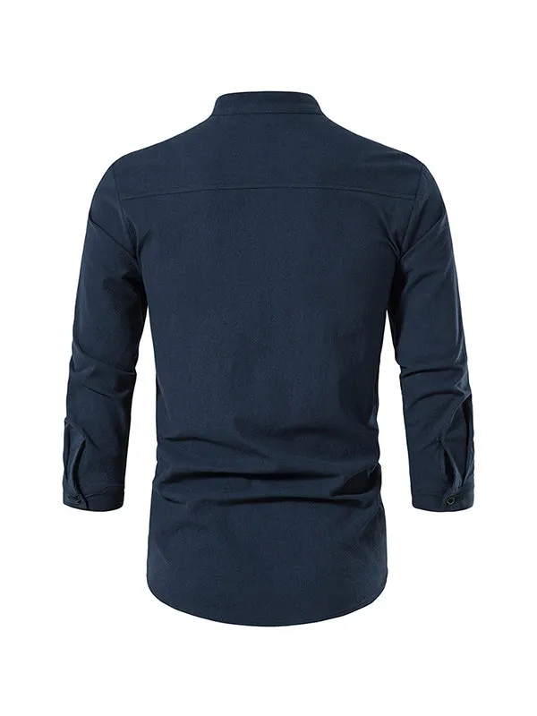 Men's Solid Color Cotton and Linen Button Cardigan Stand Collar Long Sleeve Shirt
