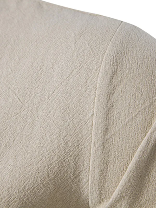 Men's Solid Color Cotton and Linen Button Cardigan Stand Collar Long Sleeve Shirt