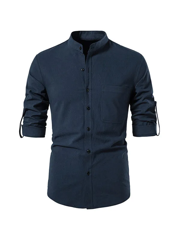 Men's Solid Color Cotton and Linen Button Cardigan Stand Collar Long Sleeve Shirt