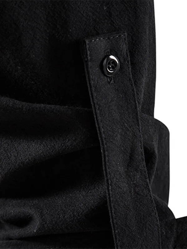 Men's Solid Color Cotton and Linen Button Cardigan Stand Collar Long Sleeve Shirt