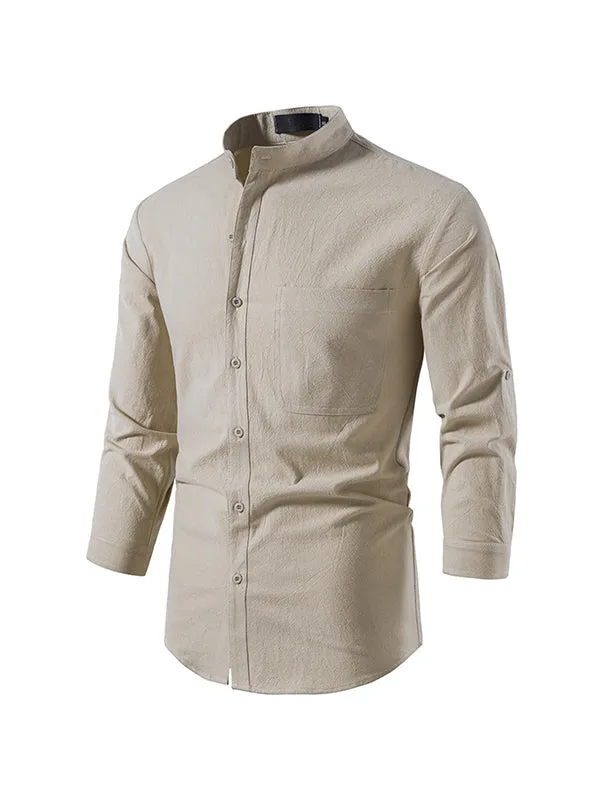 Men's Solid Color Cotton and Linen Button Cardigan Stand Collar Long Sleeve Shirt