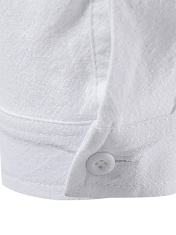 Men's Solid Color Cotton and Linen Button Cardigan Stand Collar Long Sleeve Shirt