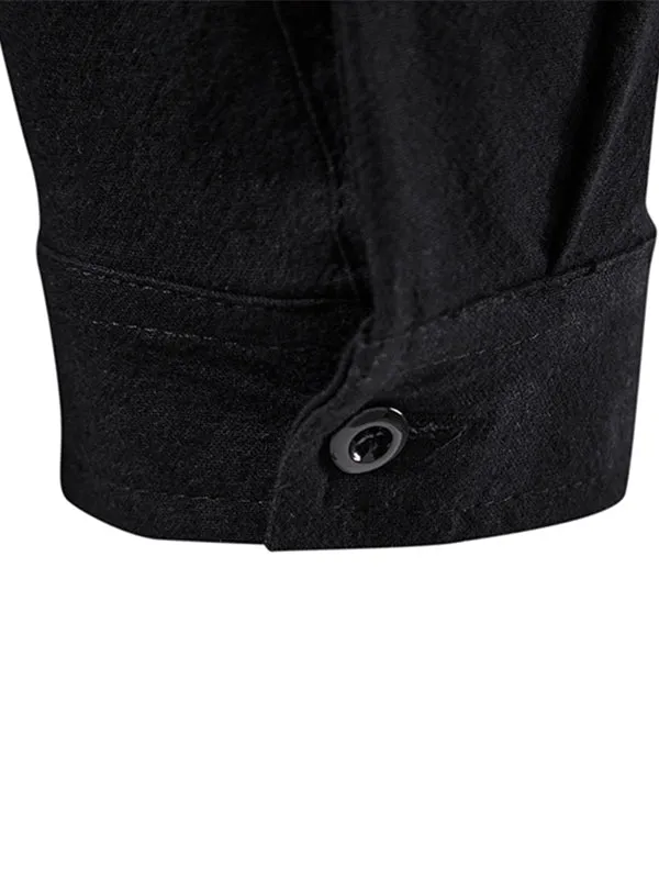 Men's Solid Color Cotton and Linen Button Cardigan Stand Collar Long Sleeve Shirt