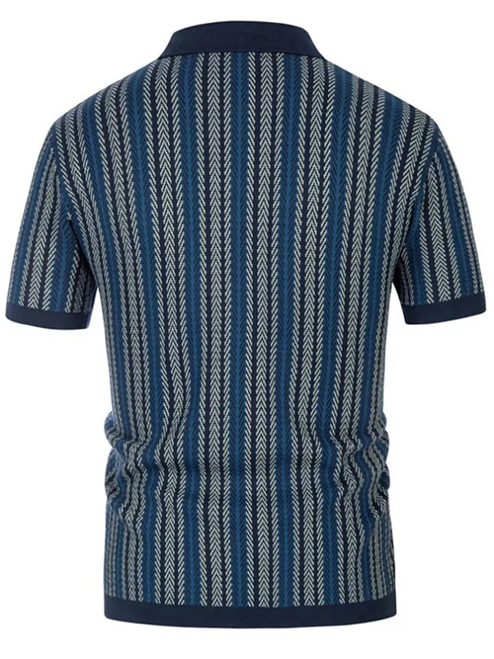 Men's Thai Stripe Lapel Short Sleeve Slim Fit Knit Shirt