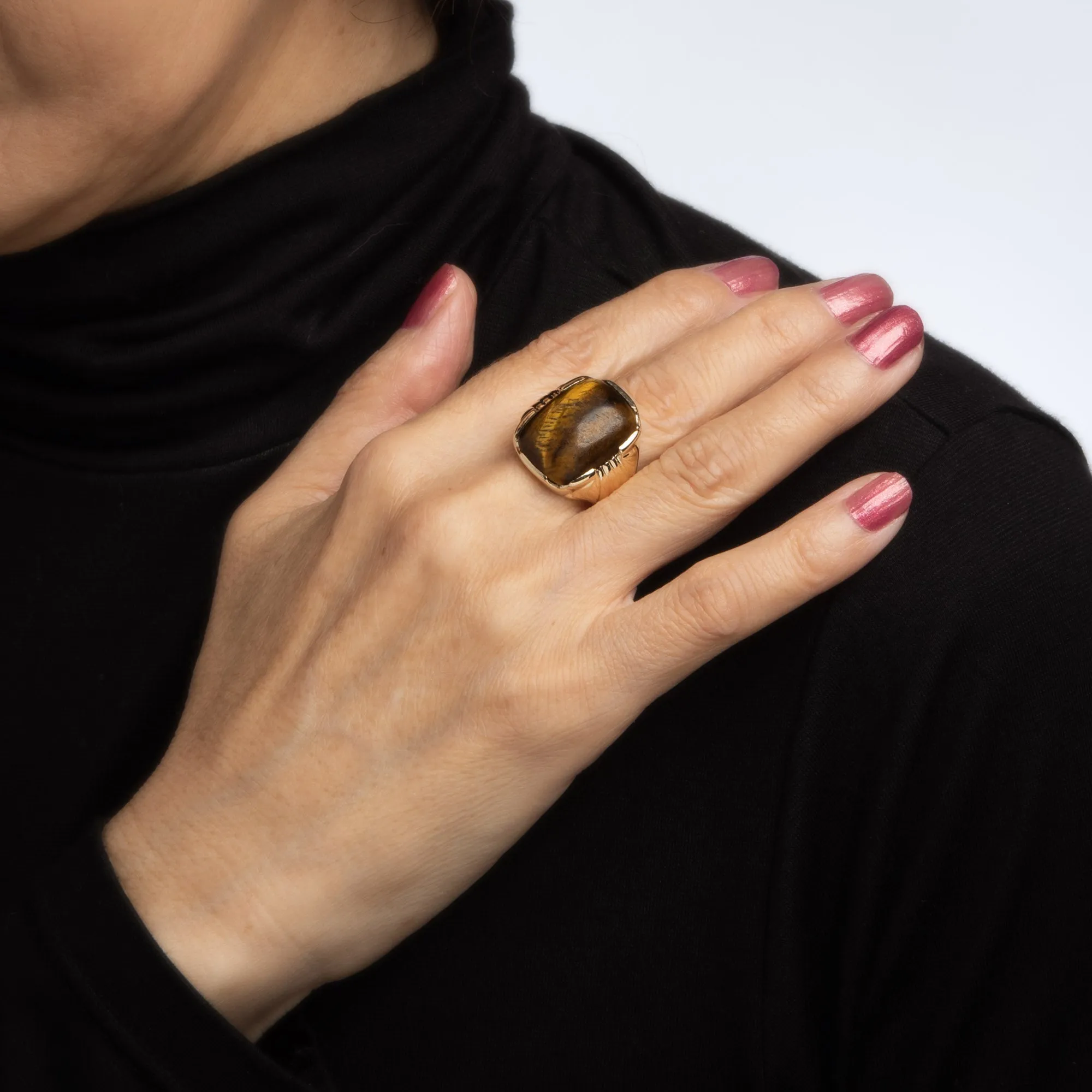 Men's Vintage 70s Tigers Eye Ring 10k Yellow Gold Sz 9.5 Estate Fine Jewelry