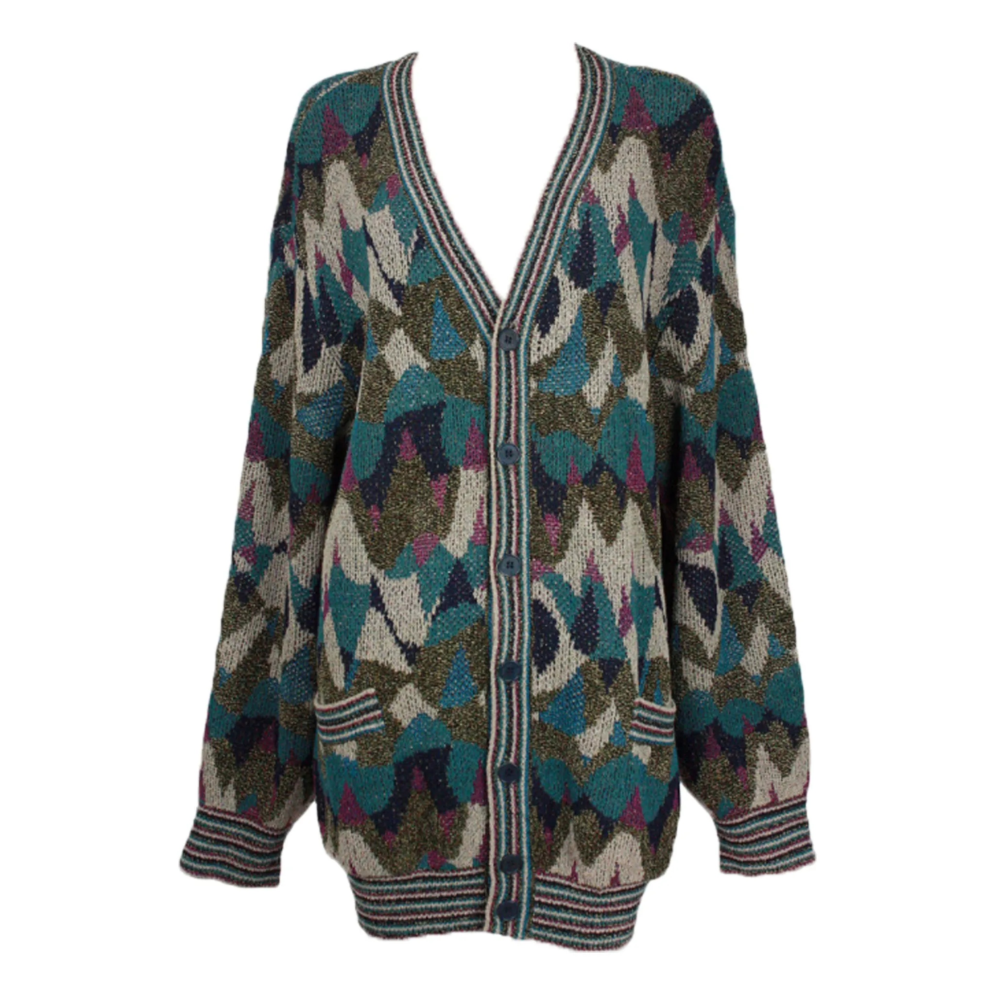 MISSONI Men's Circa 1990s Blue & Green Abstract V-Neck Cardigan