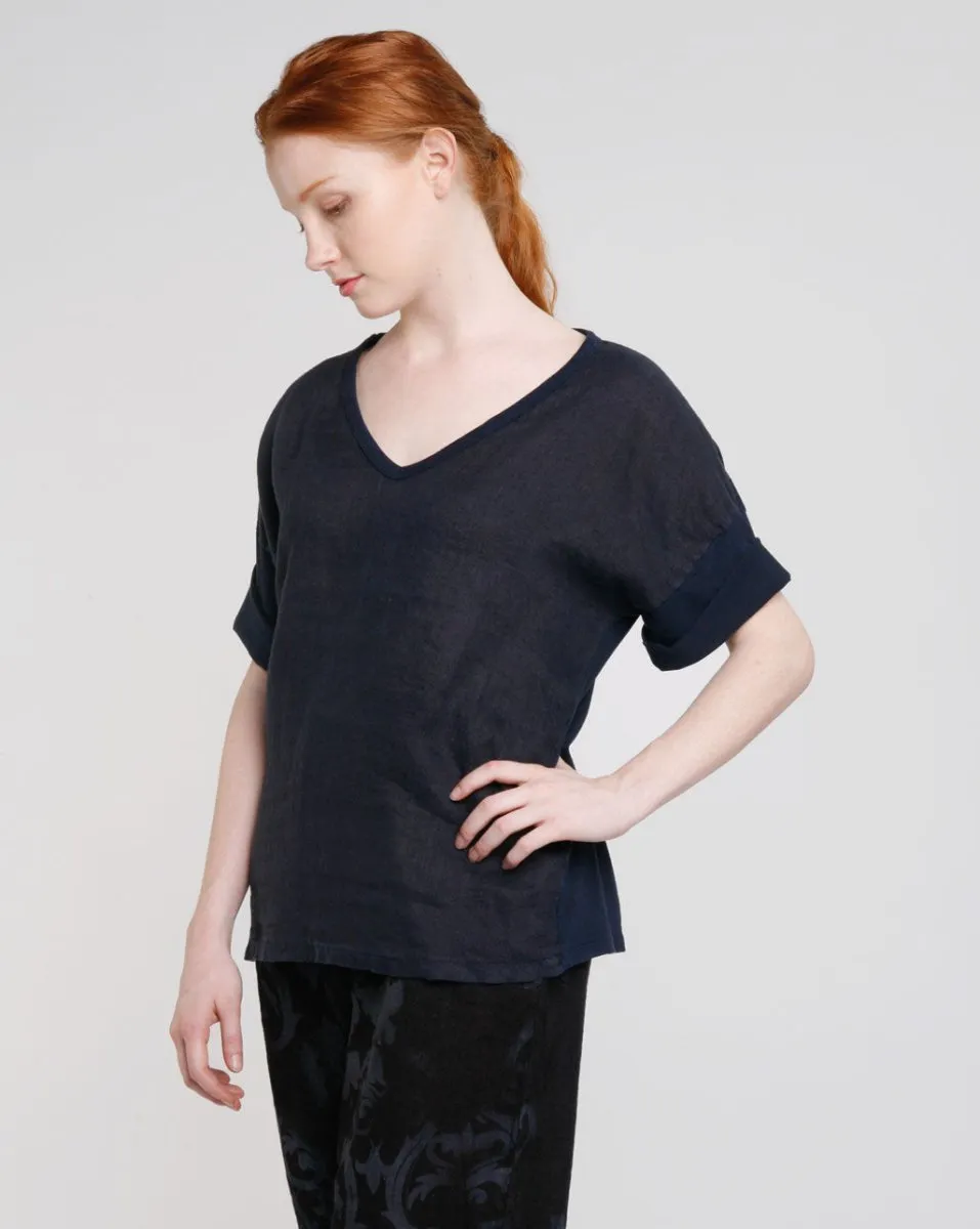Mixed Media Linen V-neck Tee