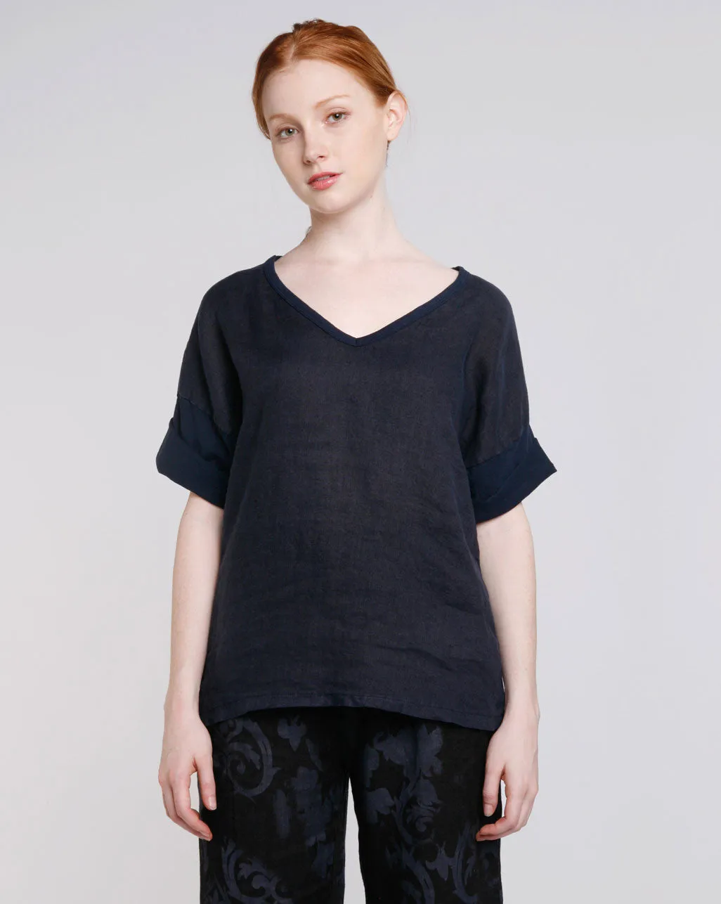 Mixed Media Linen V-neck Tee