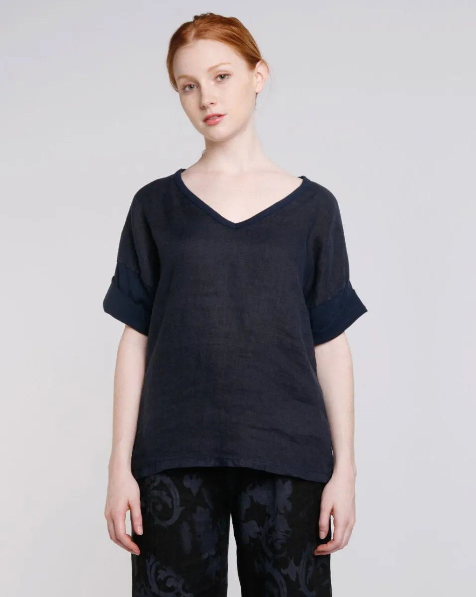 Mixed Media Linen V-neck Tee