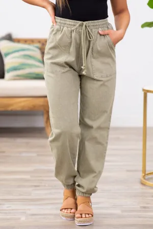 Olive Washed Elastic Waist Joggers