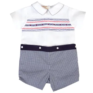 Patriot White Navy Gingham Button-On Smocked Short Set