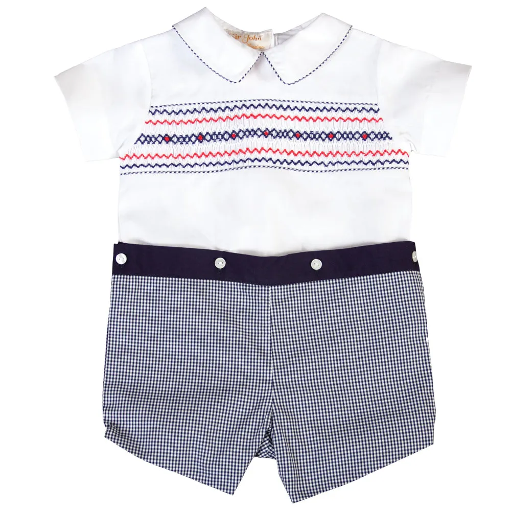 Patriot White Navy Gingham Button-On Smocked Short Set