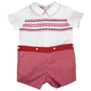 Patriot White Red Gingham Button-On Smocked Short Set