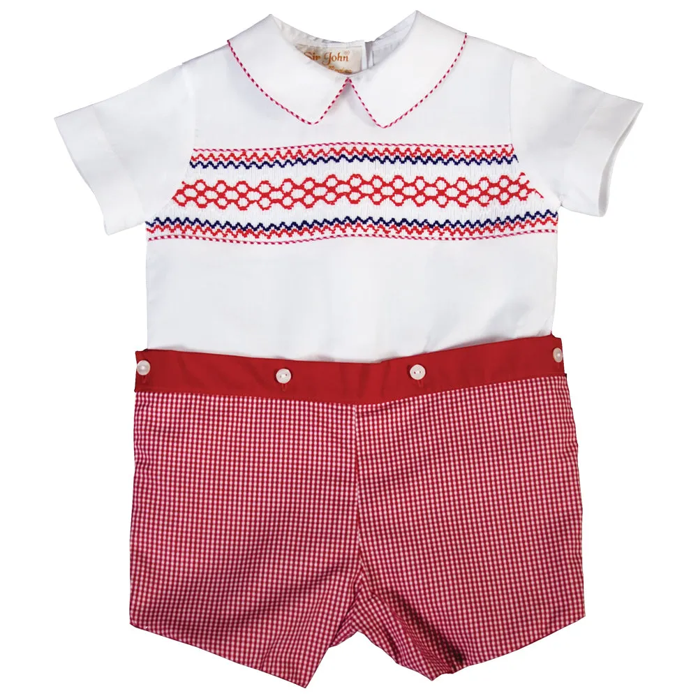 Patriot White Red Gingham Button-On Smocked Short Set