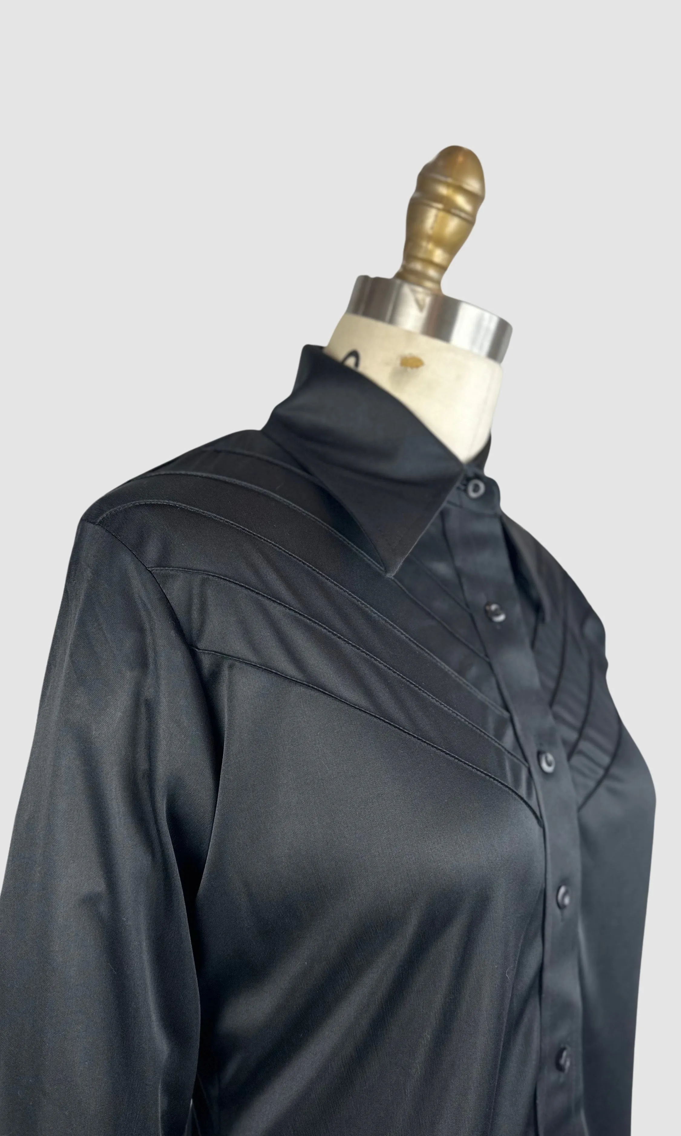 PIERRE FOSHEY 70s Deadstock Black Polyester Disco Shirt • Extra Small