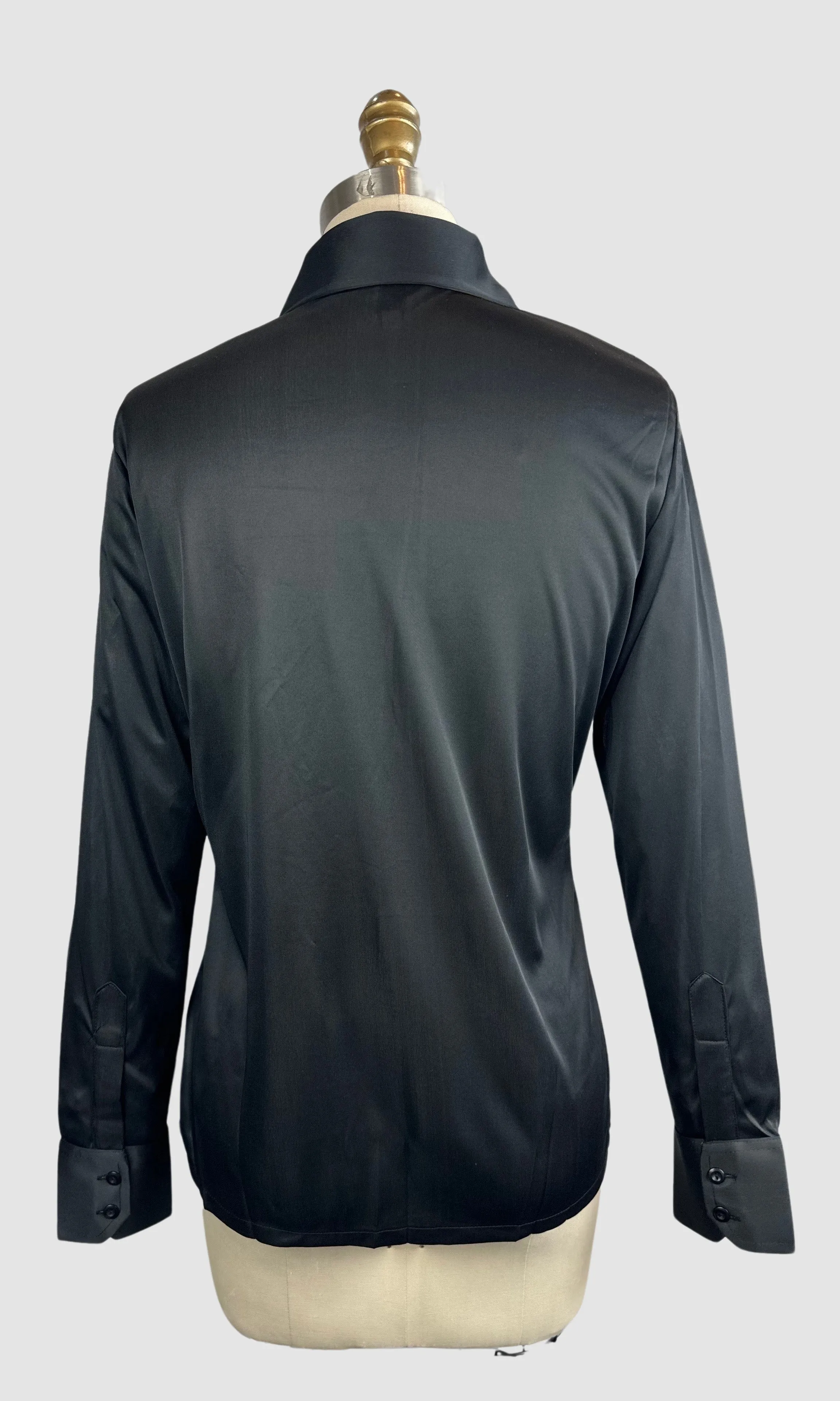 PIERRE FOSHEY 70s Deadstock Black Polyester Disco Shirt • Extra Small