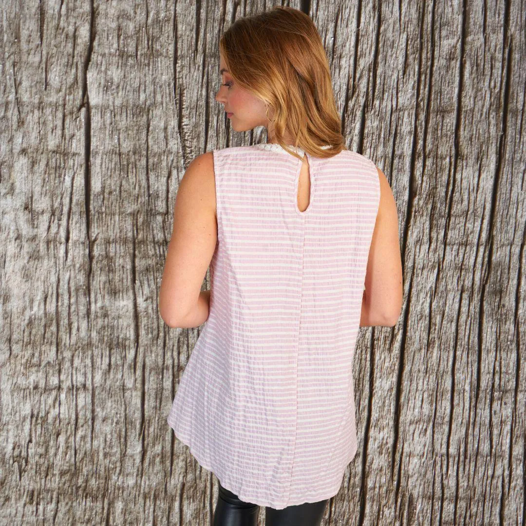 Pink striped with lace V neck top