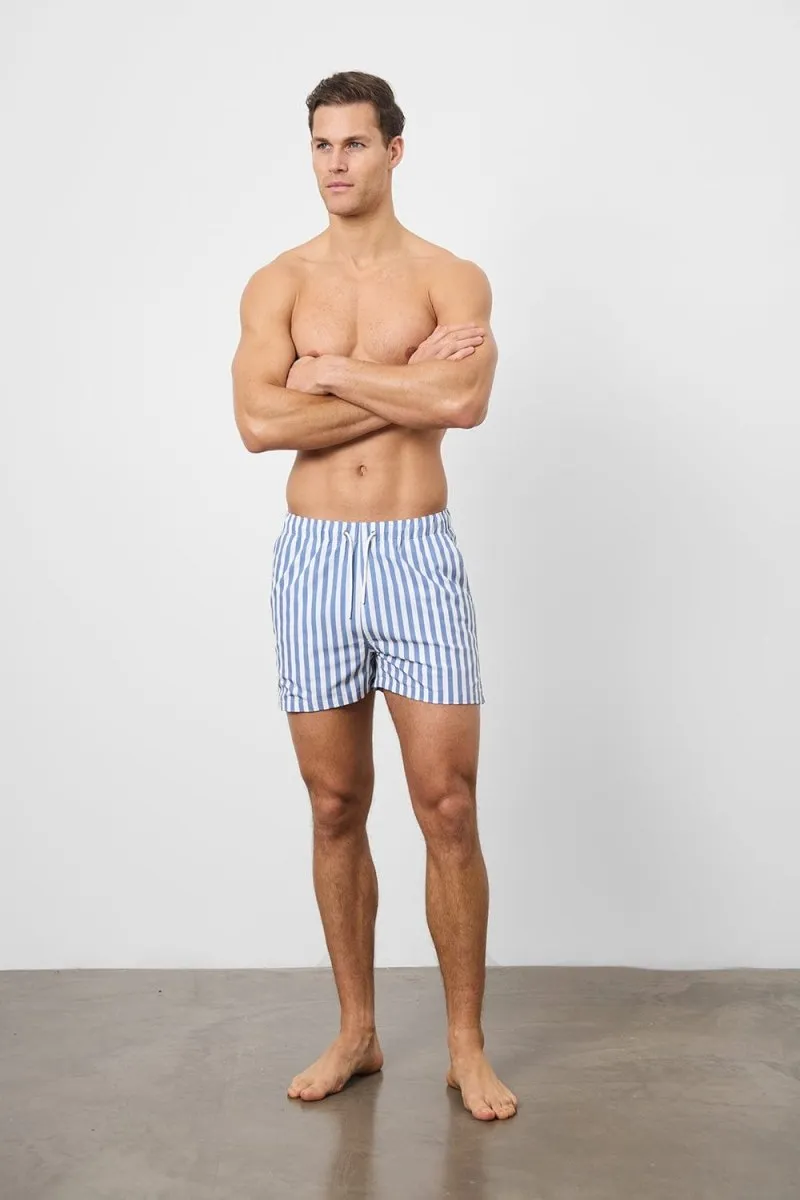 Printed Stripe Swim Short in White/Denim Blue