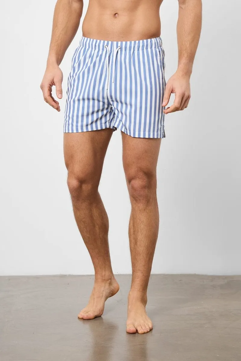 Printed Stripe Swim Short in White/Denim Blue