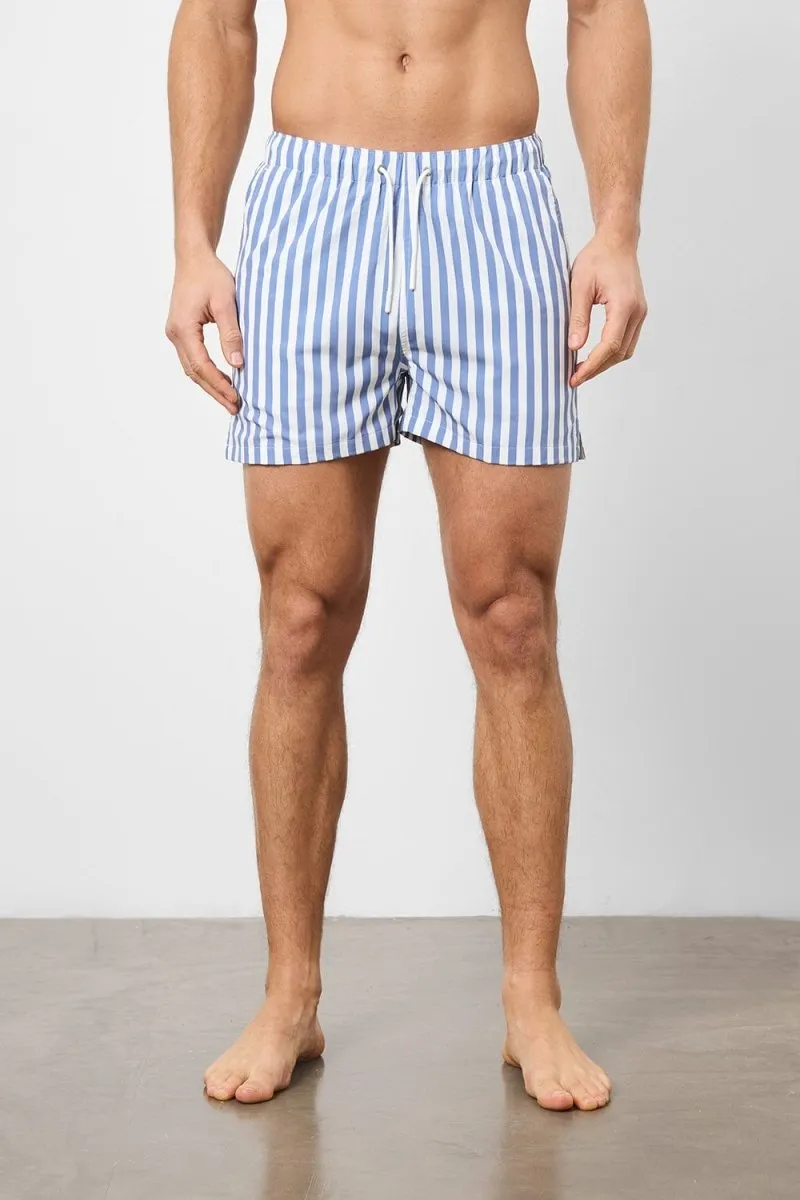 Printed Stripe Swim Short in White/Denim Blue