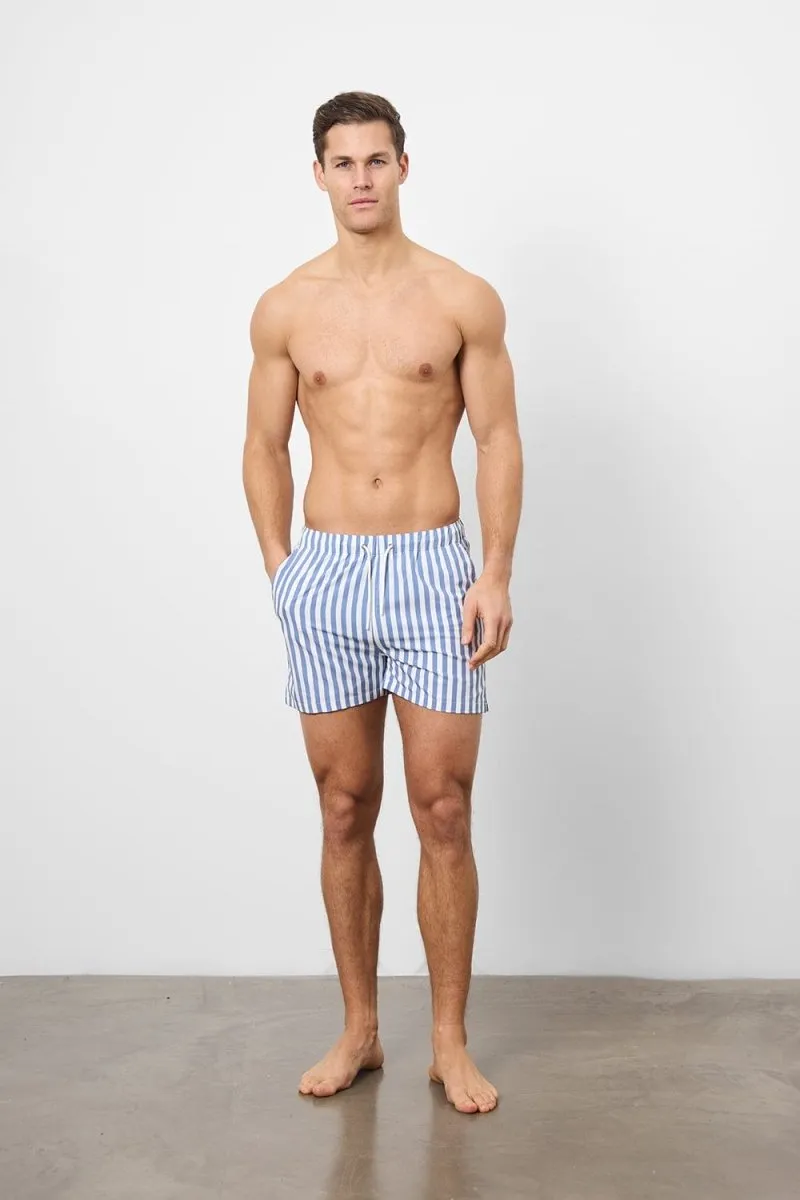 Printed Stripe Swim Short in White/Denim Blue