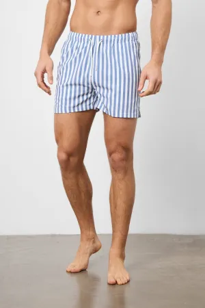 Printed Stripe Swim Short in White/Denim Blue