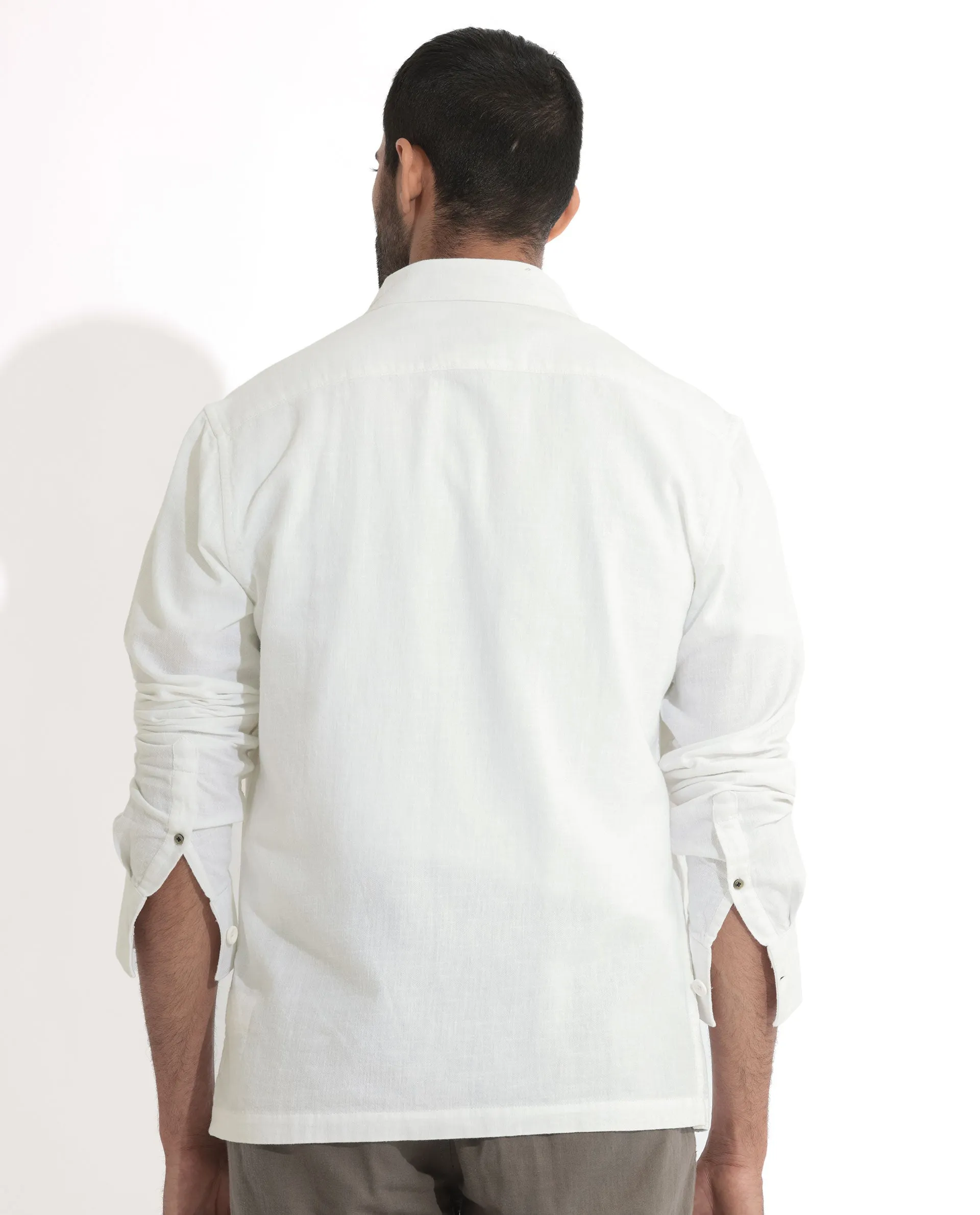 Rare Rabbit Men's Lang White Cotton Linen Blend Fabric Full Sleeves Solid Shirt