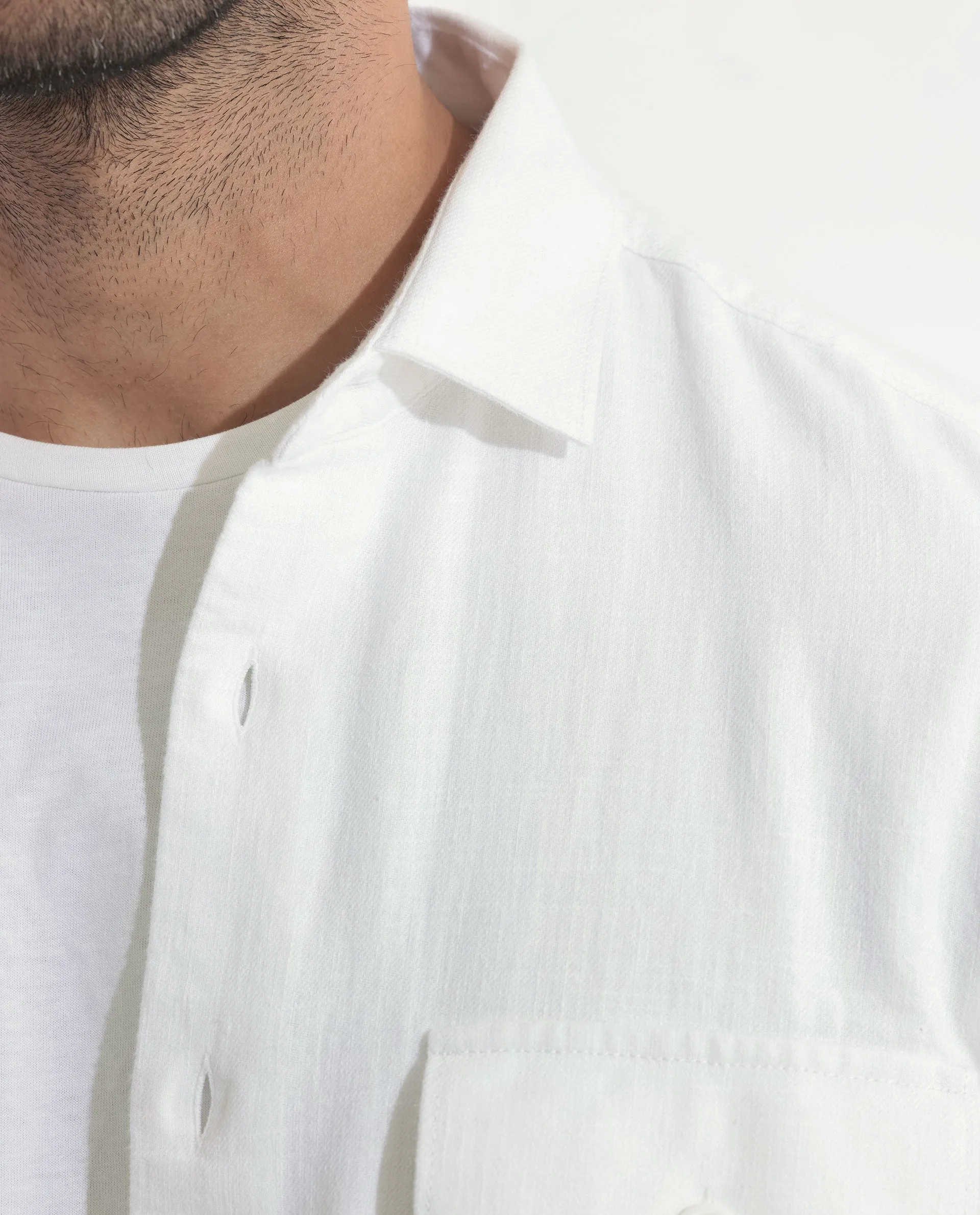 Rare Rabbit Men's Lang White Cotton Linen Blend Fabric Full Sleeves Solid Shirt