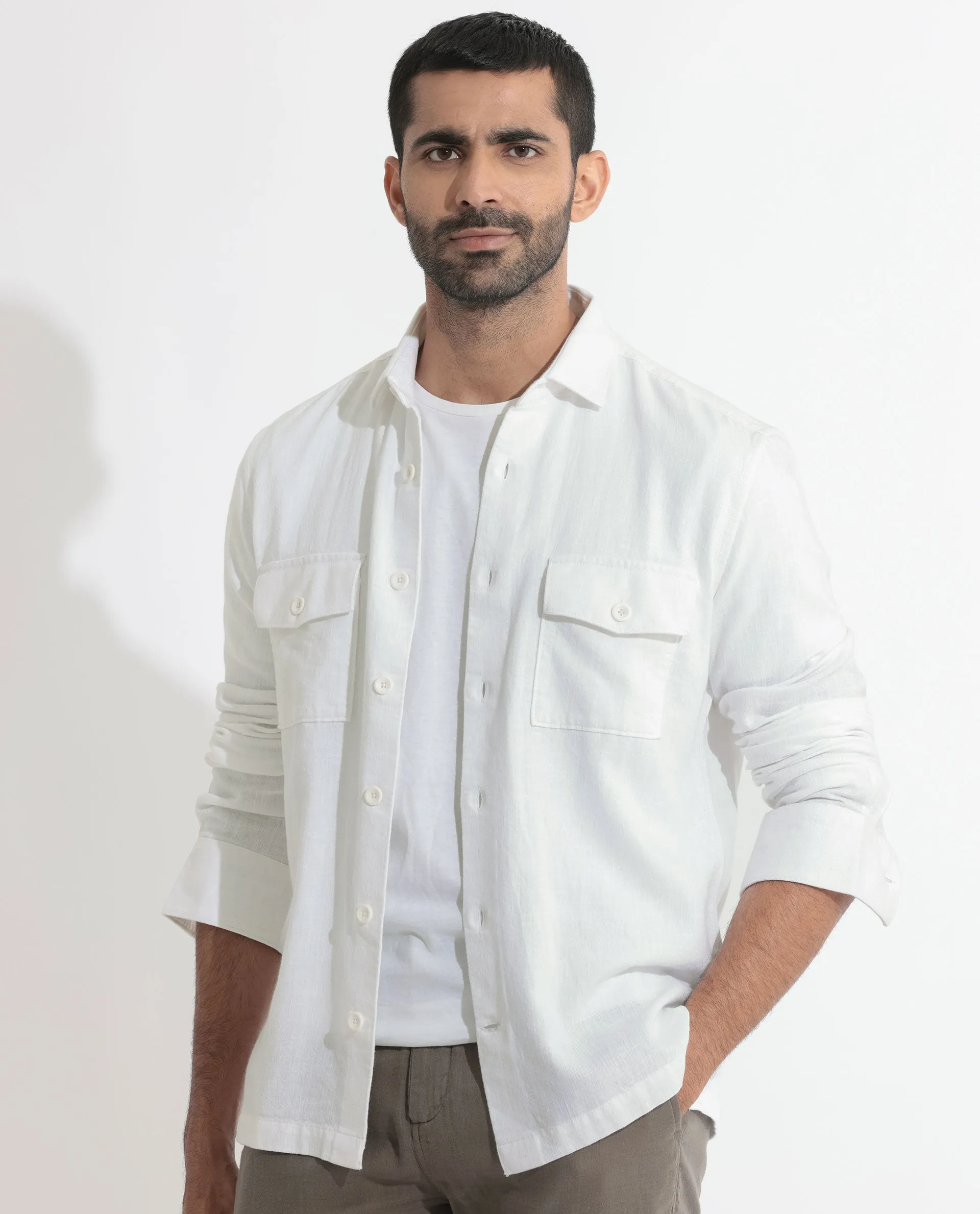Rare Rabbit Men's Lang White Cotton Linen Blend Fabric Full Sleeves Solid Shirt
