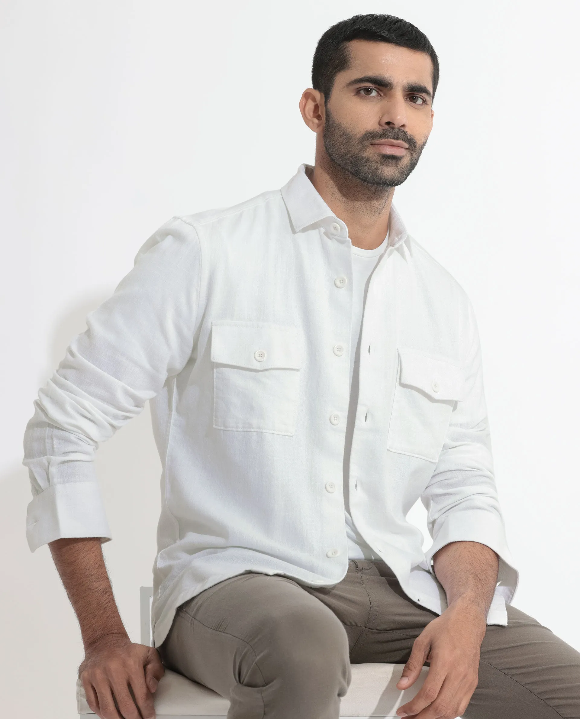 Rare Rabbit Men's Lang White Cotton Linen Blend Fabric Full Sleeves Solid Shirt