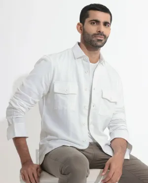 Rare Rabbit Men's Lang White Cotton Linen Blend Fabric Full Sleeves Solid Shirt