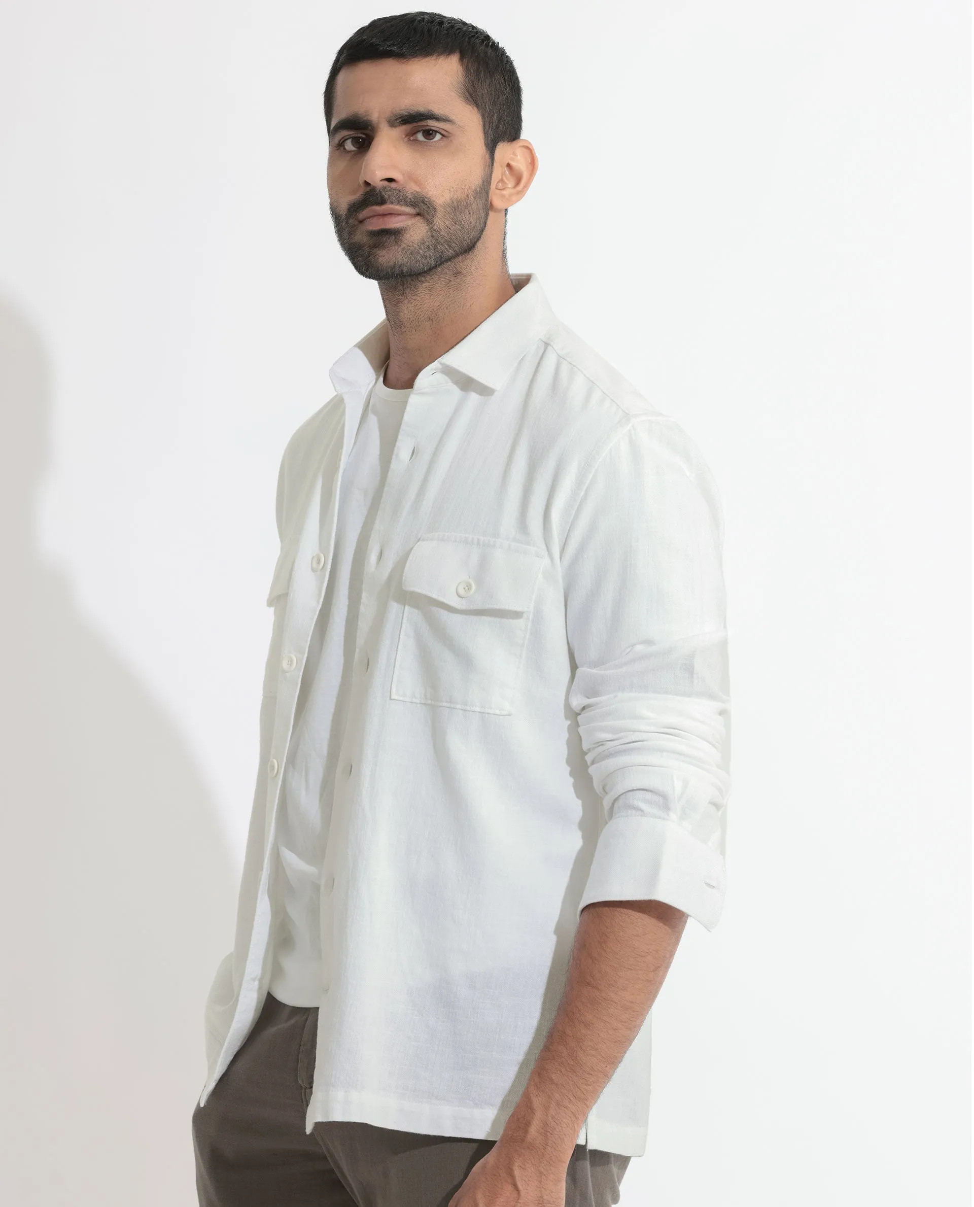 Rare Rabbit Men's Lang White Cotton Linen Blend Fabric Full Sleeves Solid Shirt
