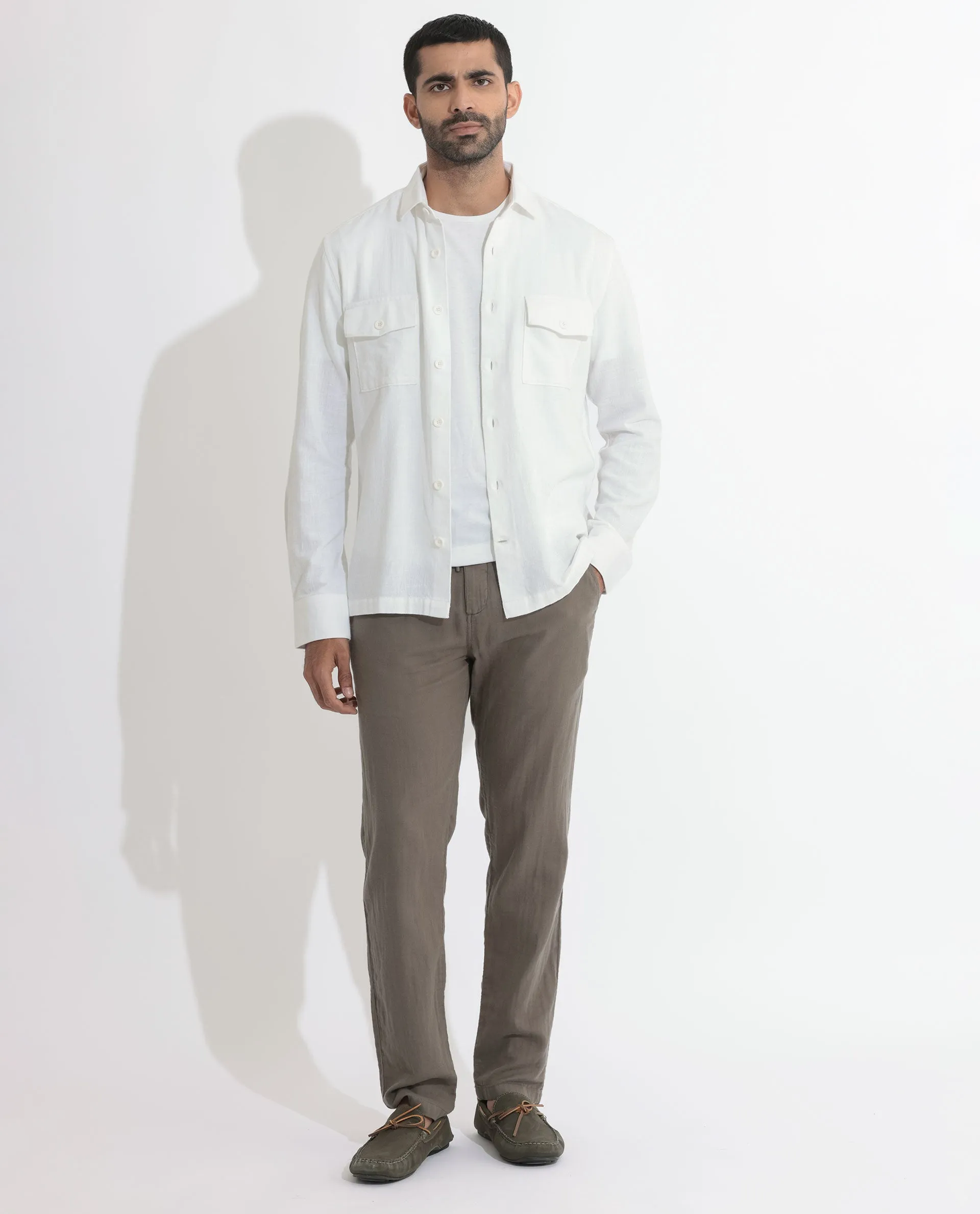 Rare Rabbit Men's Lang White Cotton Linen Blend Fabric Full Sleeves Solid Shirt