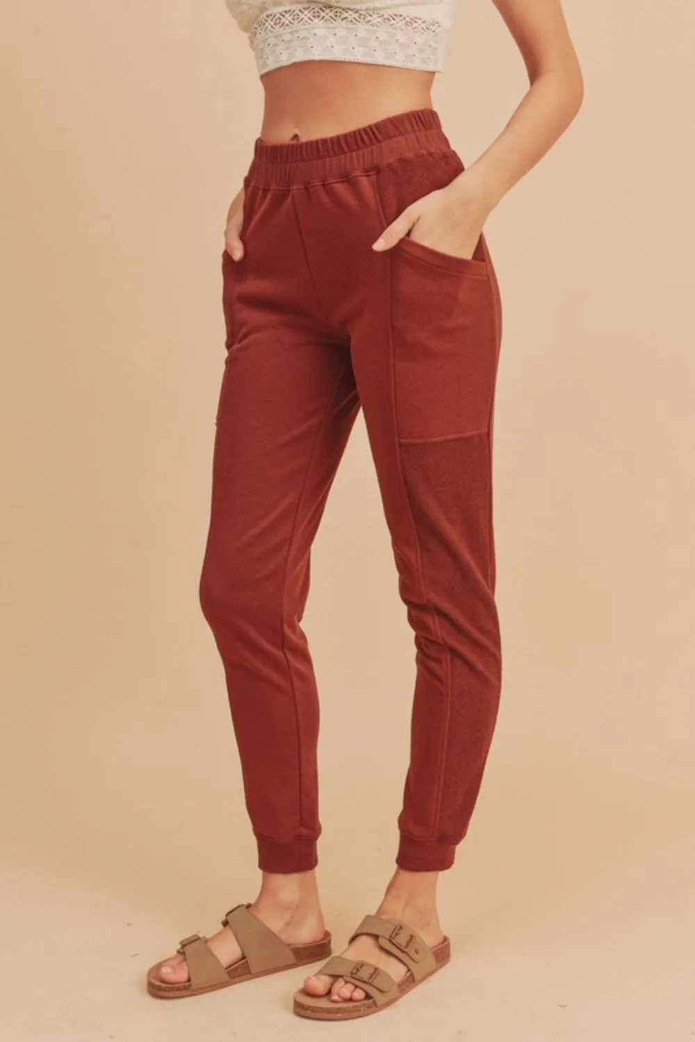Rust Color Elastic Waist Joggers with Pockets