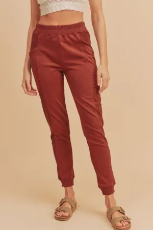 Rust Color Elastic Waist Joggers with Pockets