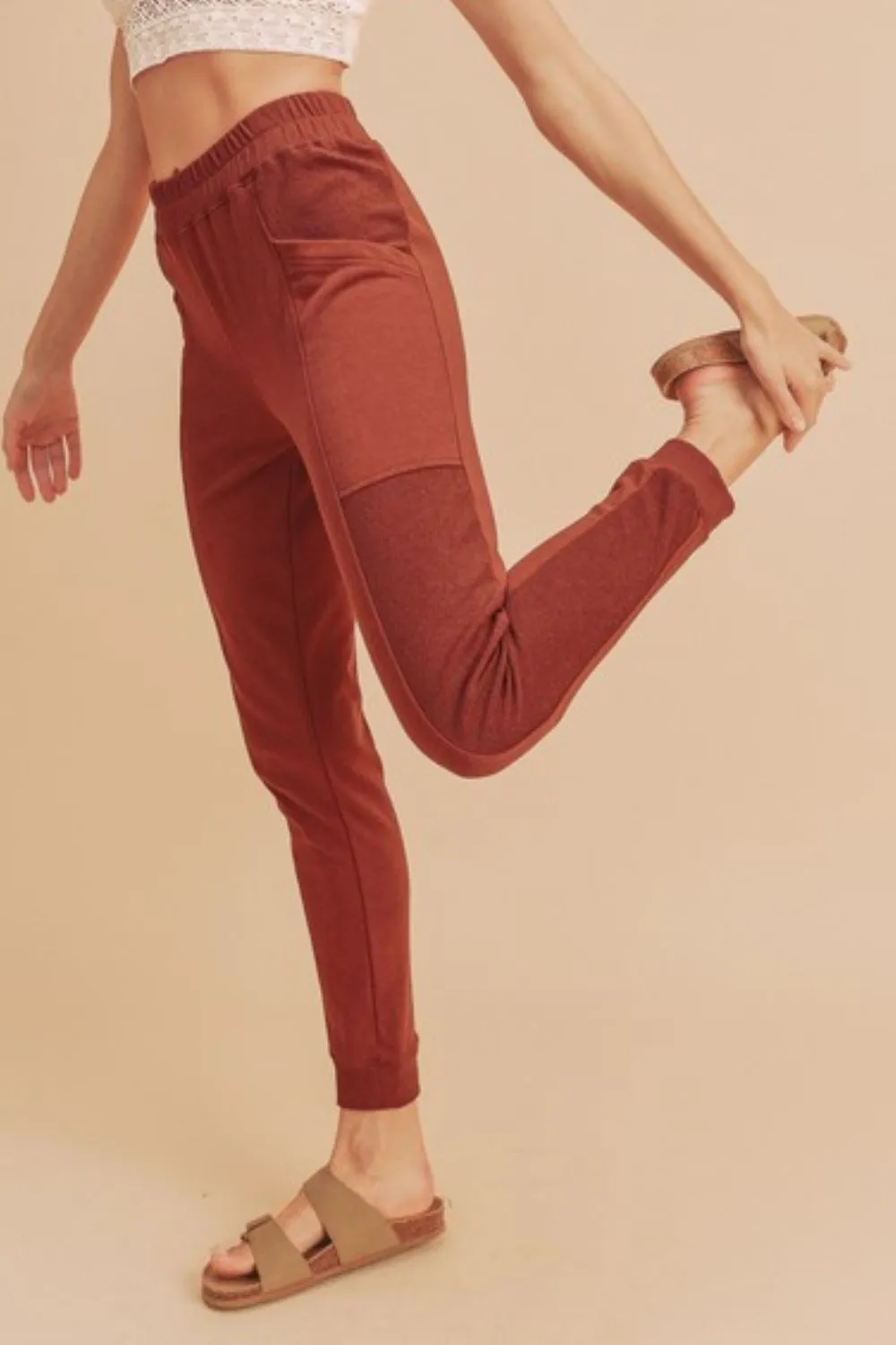 Rust Color Elastic Waist Joggers with Pockets