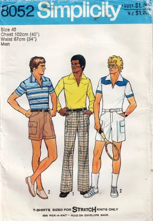 Simplicity 8052 Mens Retro Stretch Shirt Shorts & Pants 1970s Vintage Sewing Pattern Chest 40 inches UNCUT Factory Folded