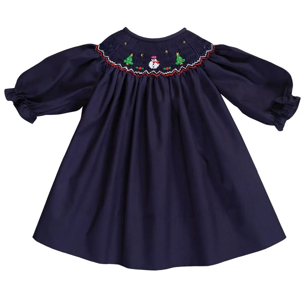 Snowman & Christmas Trees Navy Blue Smocked 3/4 Sleeve Bishop