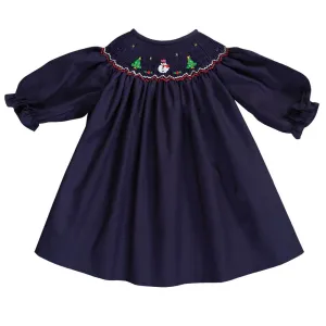 Snowman & Christmas Trees Navy Blue Smocked 3/4 Sleeve Bishop