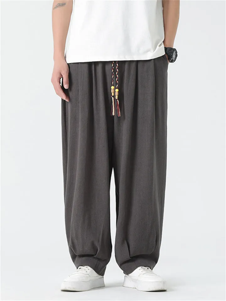 Solid Color Braided Drawstring Straight-Leg Pants for Men