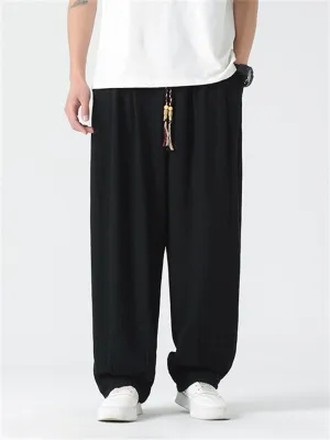 Solid Color Braided Drawstring Straight-Leg Pants for Men