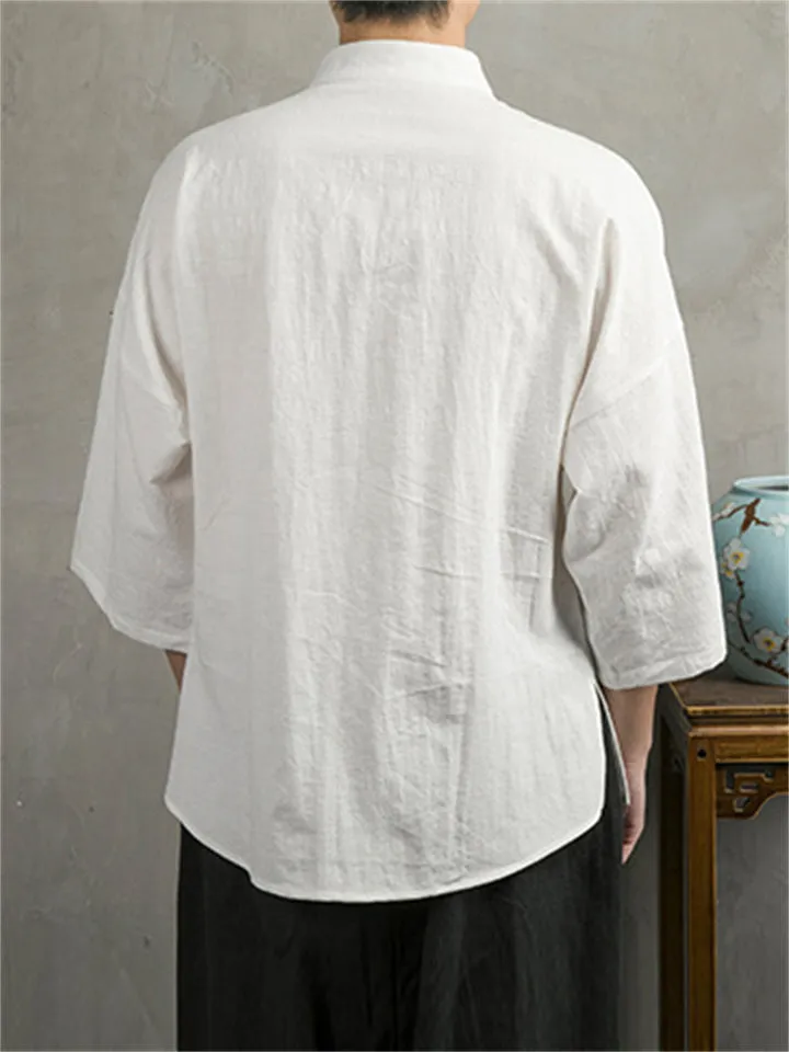 Solid Color Chinese Style 3/4 Sleeve Relaxed T-shirts for Men