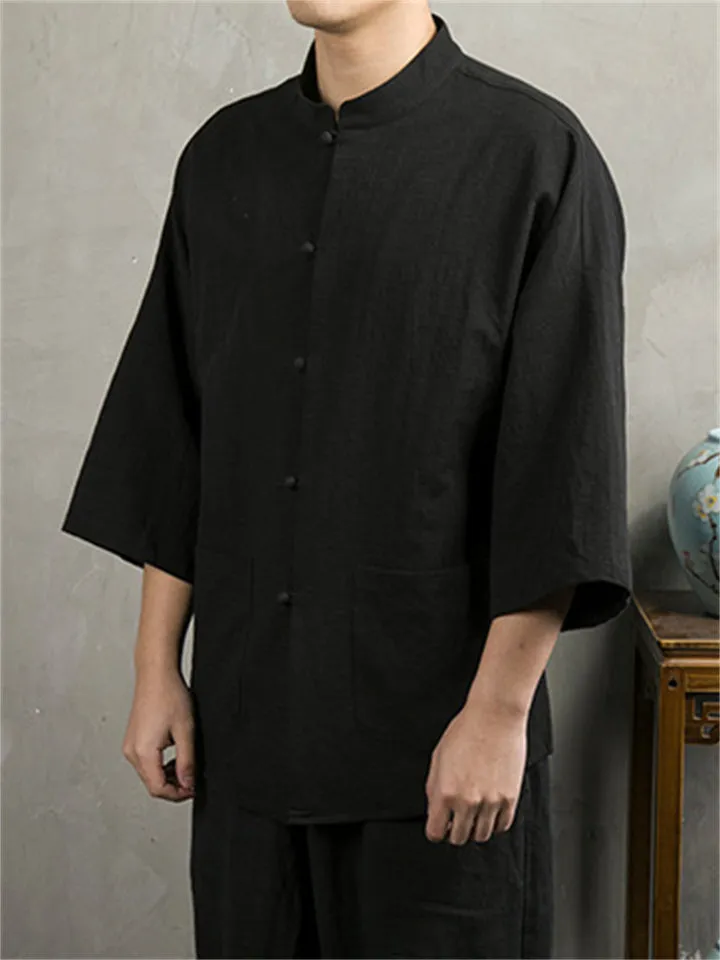 Solid Color Chinese Style 3/4 Sleeve Relaxed T-shirts for Men