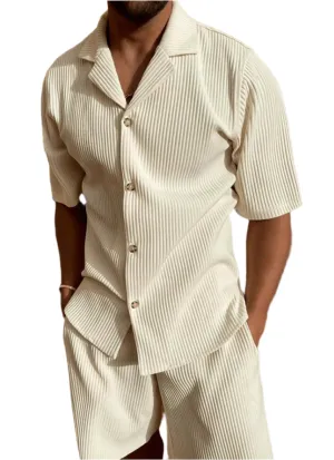 Spring/Summer Solid Color Corduroy Short Sleeve Shirt & Stretch Shorts Beach Casual Set