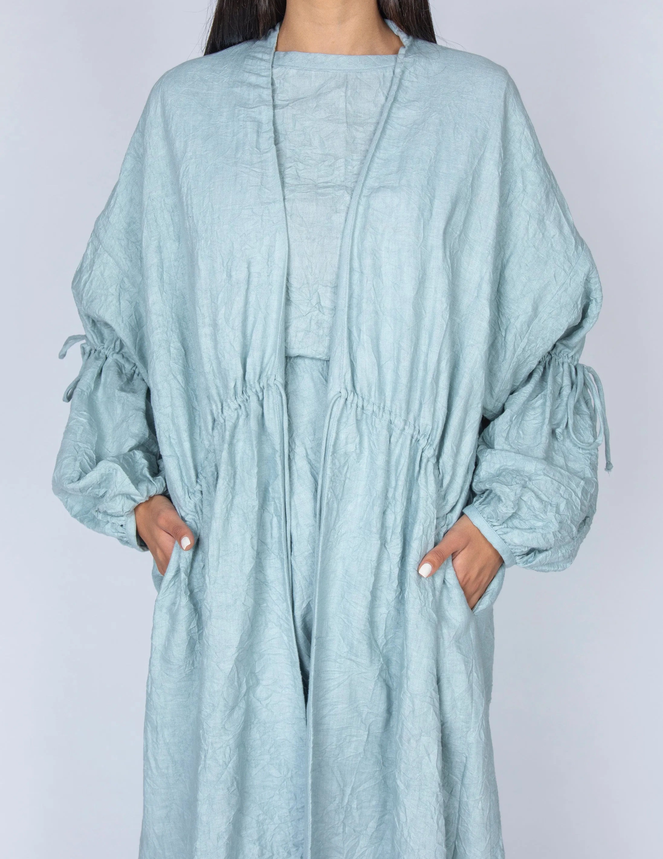 SS20 ORGANIC CRUSHED LINEN AQUA DRAWSTRING ABAYA