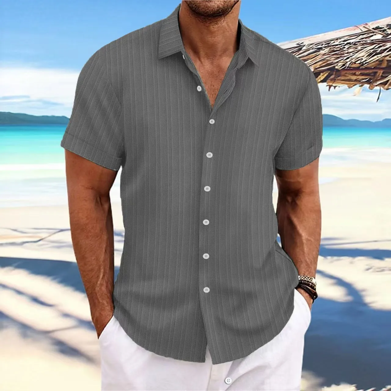 Striped men's shirt made from cotton and linen