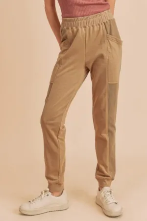 Tan Elastic Waist Joggers with Pockets