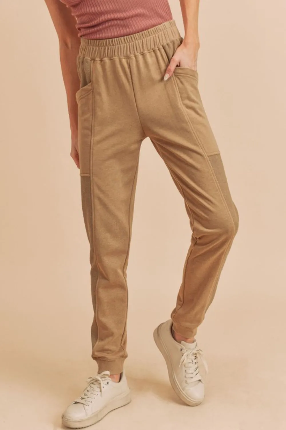 Tan Elastic Waist Joggers with Pockets