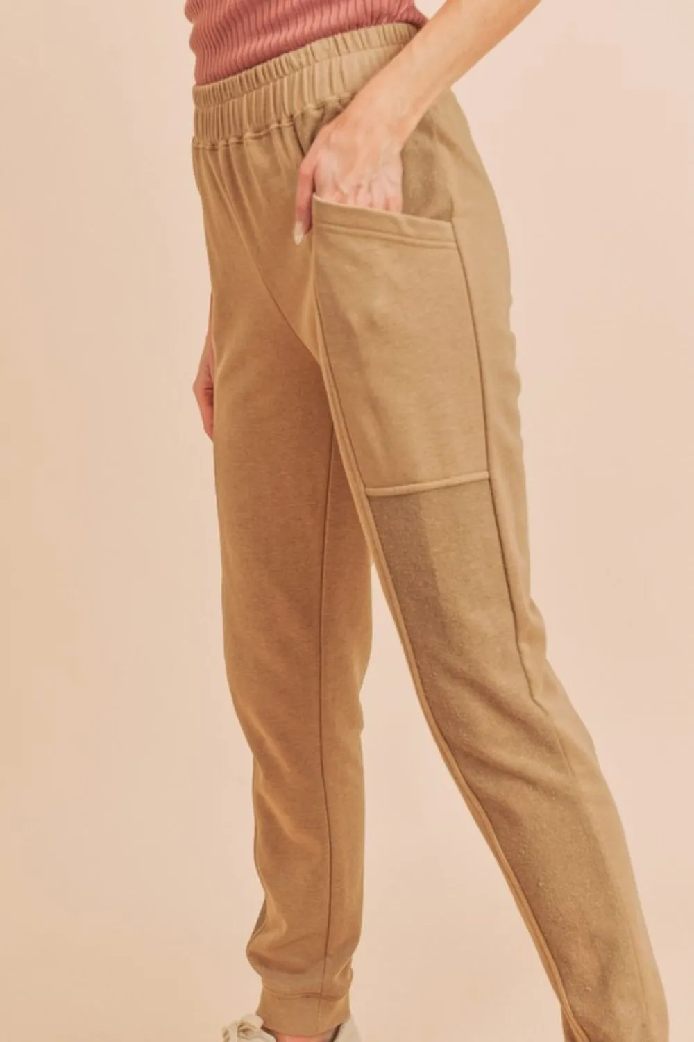 Tan Elastic Waist Joggers with Pockets