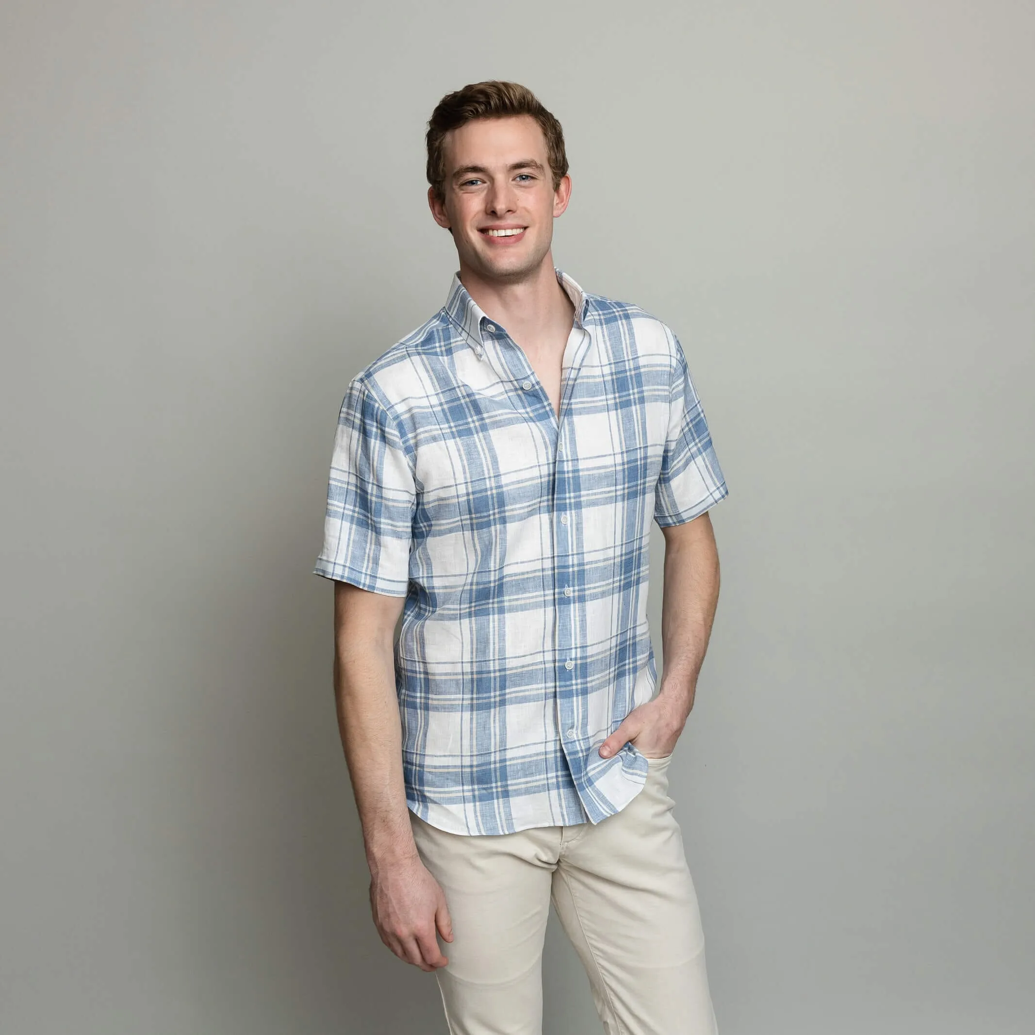 The Blue Fog Short Sleeve Hartley Linen Plaid Custom Shirt